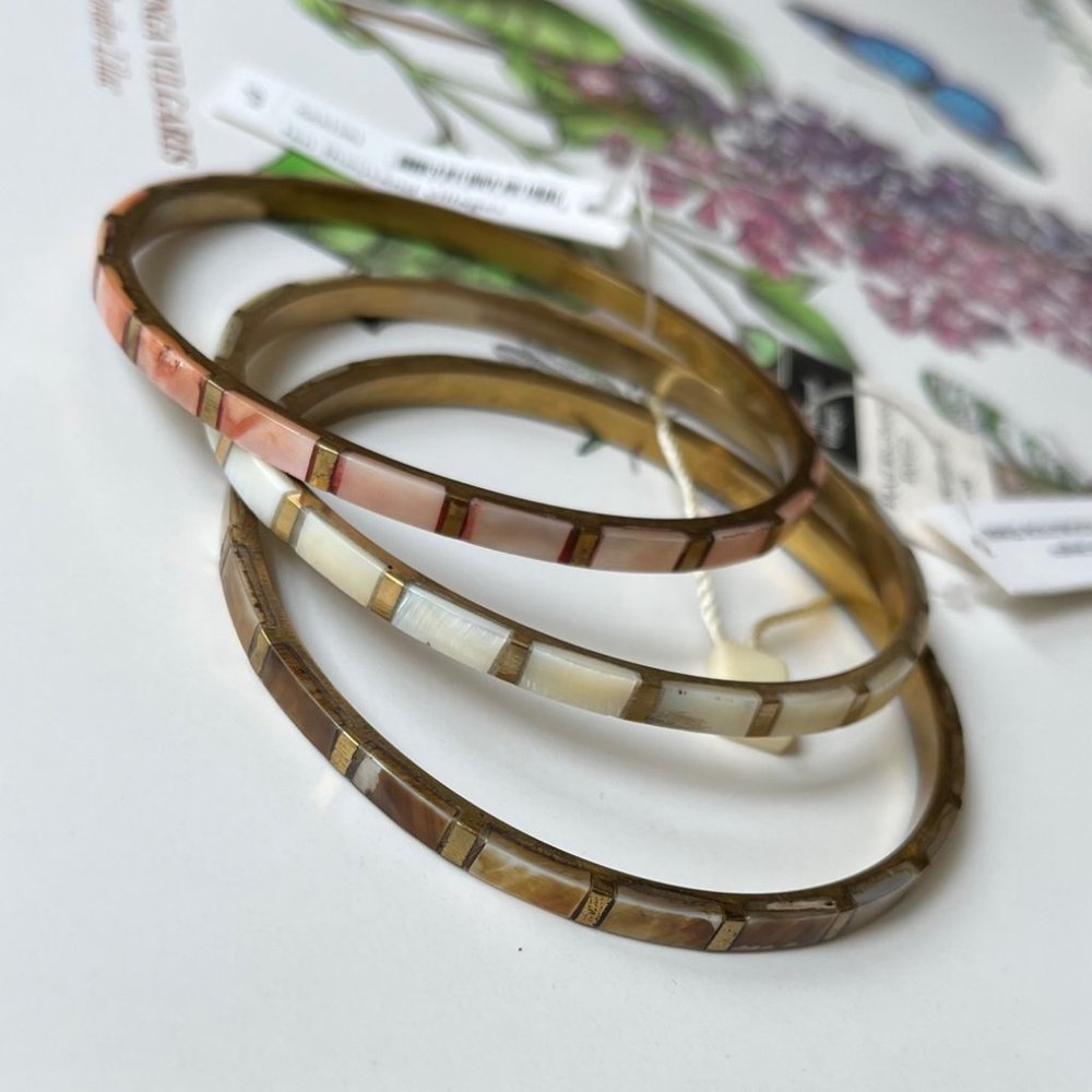 Set of 3 Brass Bangle and Mother of Pearl Bracelets